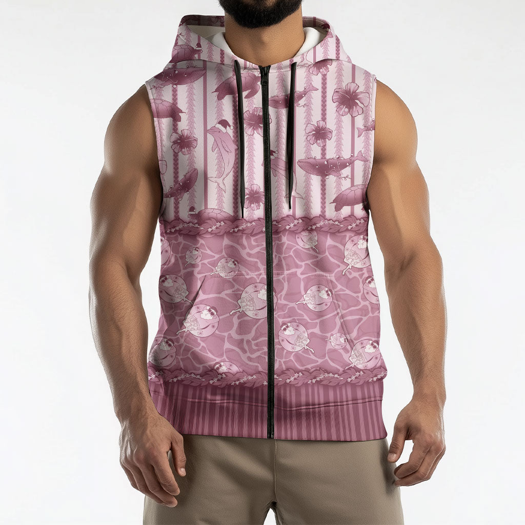 Hawaii Christmas In July Sleeveless Zip Hoodie Dusty Pink Mele Kalikimaka Sea Animals