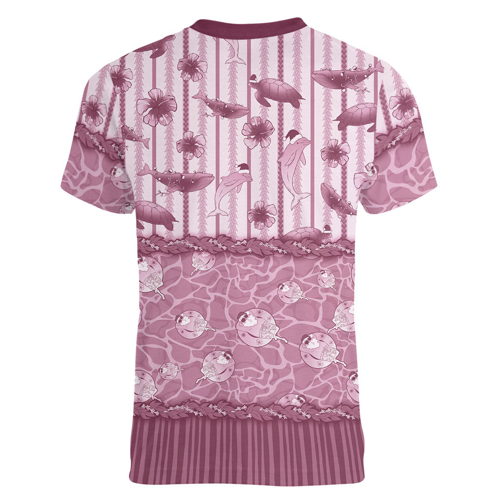 Hawaii Christmas In July Women V-Neck T-Shirt Dusty Pink Mele Kalikimaka Sea Animals