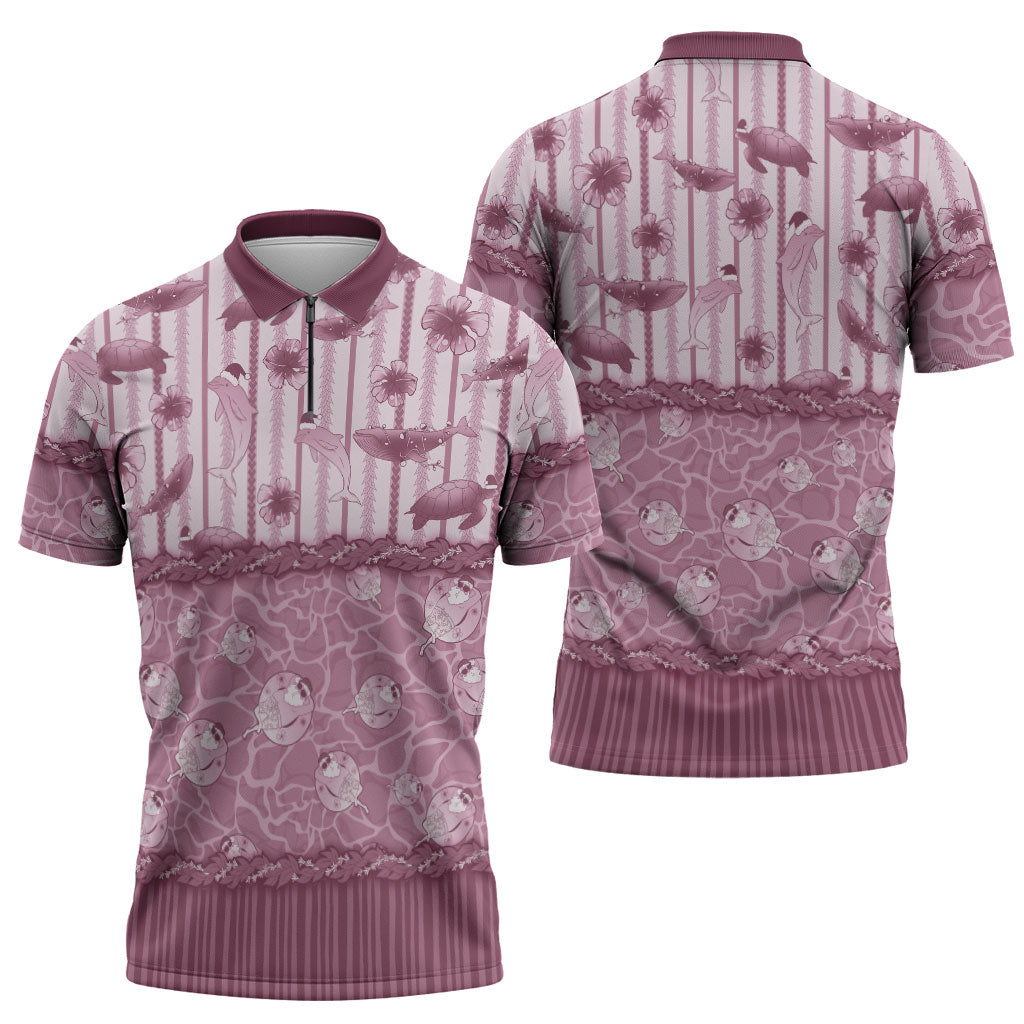 Hawaii Christmas In July Zipper Polo Shirt Dusty Pink Mele Kalikimaka Sea Animals