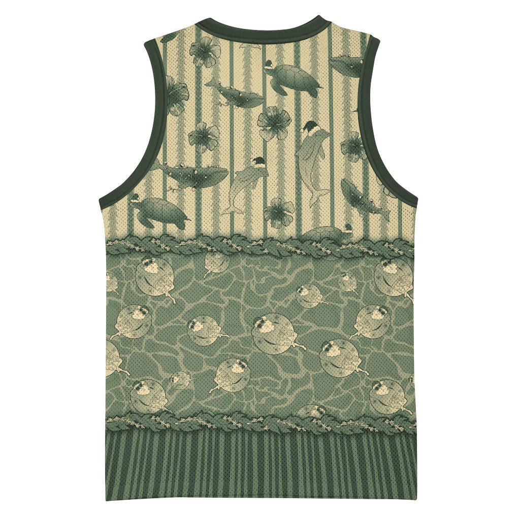 Hawaii Christmas In July Basketball Jersey Olive Green Mele Kalikimaka Sea Animals