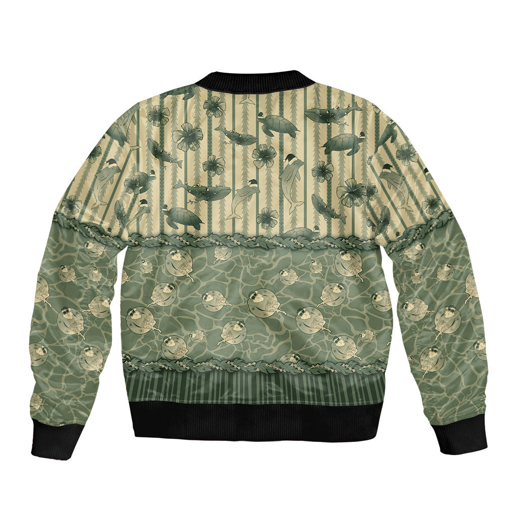 Hawaii Christmas In July Bomber Jacket Olive Green Mele Kalikimaka Sea Animals