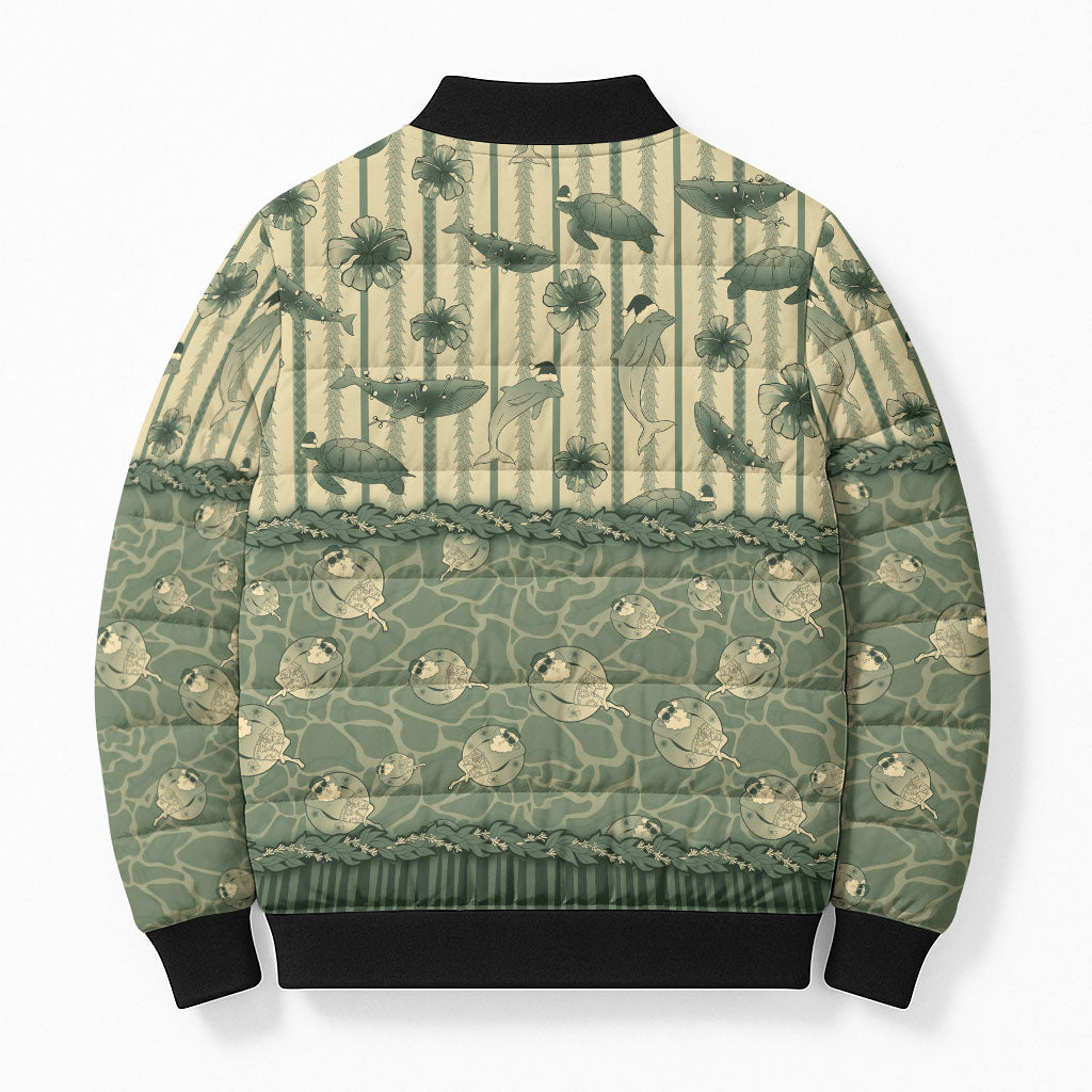 Hawaii Christmas In July Bomber Puffer Jacket Olive Green Mele Kalikimaka Sea Animals