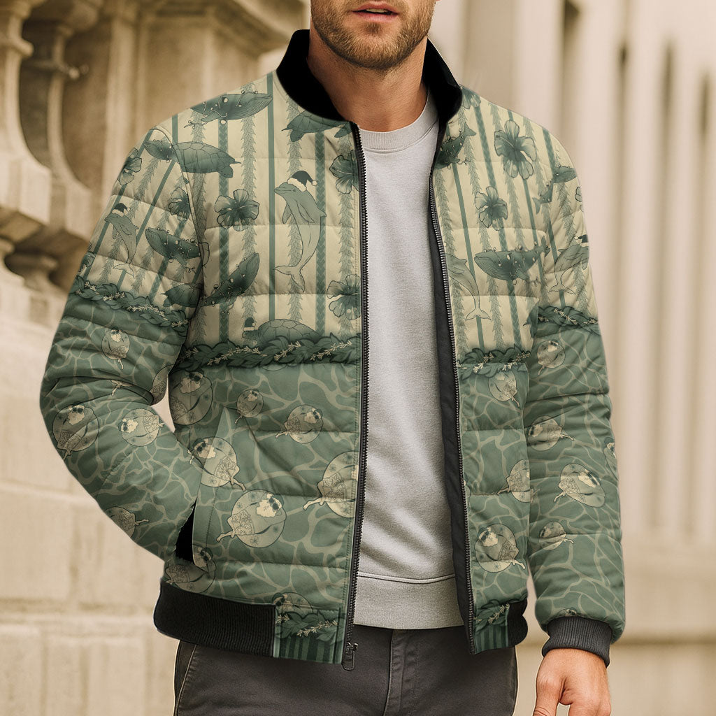 Hawaii Christmas In July Bomber Puffer Jacket Olive Green Mele Kalikimaka Sea Animals