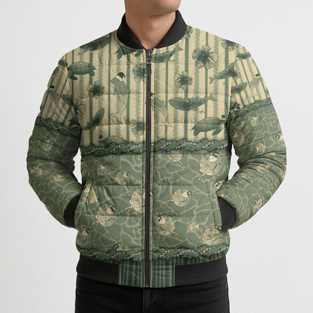 Hawaii Christmas In July Bomber Puffer Jacket Olive Green Mele Kalikimaka Sea Animals