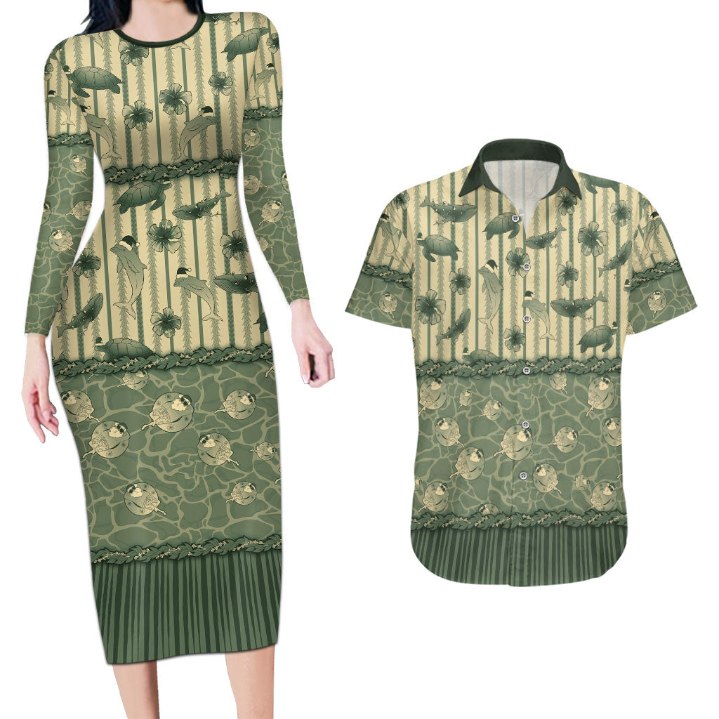 Hawaii Christmas In July Couples Matching Long Sleeve Bodycon Dress and Hawaiian Shirt Olive Green Mele Kalikimaka Sea Animals