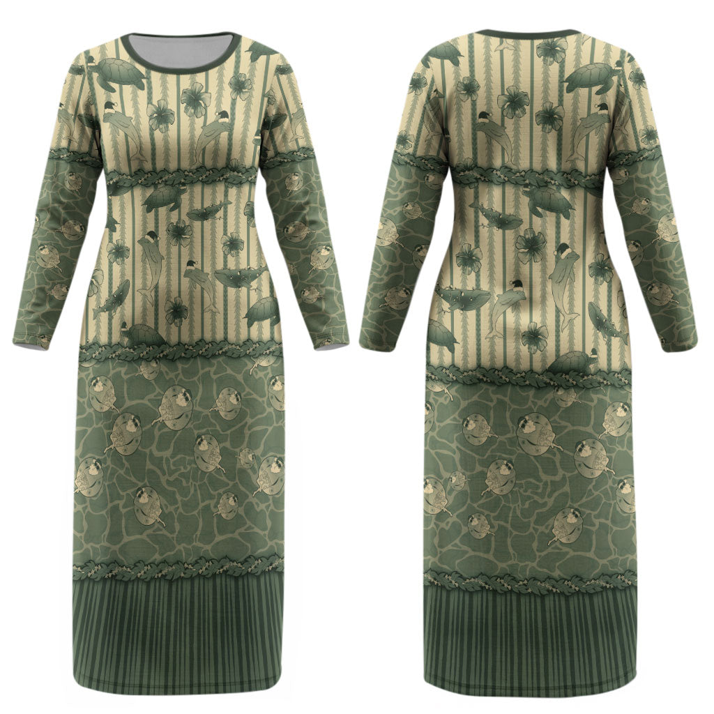 Hawaii Christmas In July Couples Matching Long Sleeve Bodycon Dress and Hawaiian Shirt Olive Green Mele Kalikimaka Sea Animals DT05 - Polynesian Pride