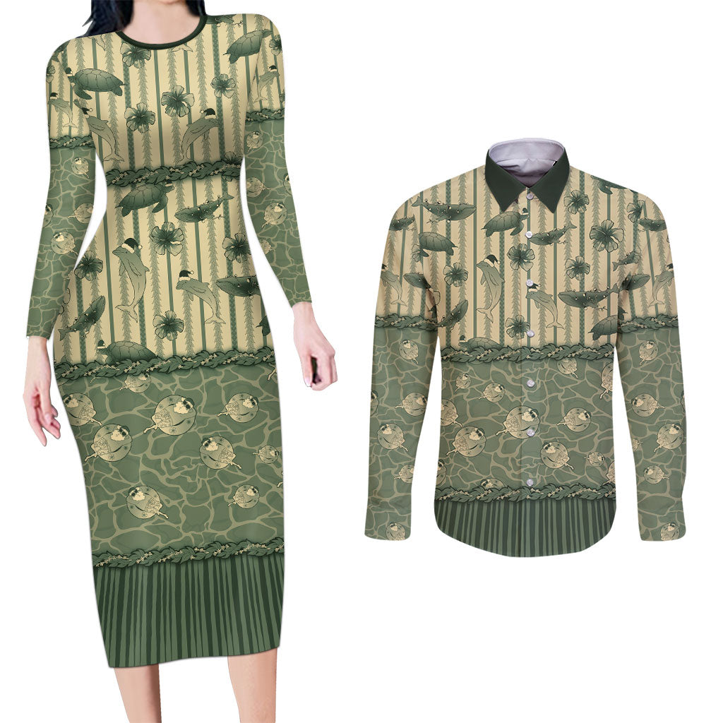 Hawaii Christmas In July Couples Matching Long Sleeve Bodycon Dress and Long Sleeve Button Shirt Olive Green Mele Kalikimaka Sea Animals