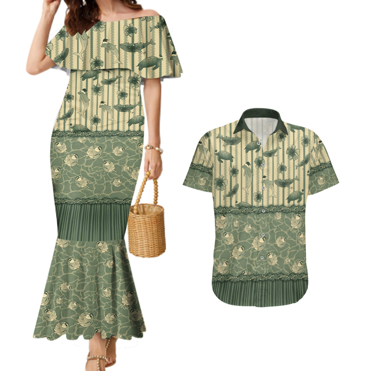 Hawaii Christmas In July Couples Matching Mermaid Dress and Hawaiian Shirt Olive Green Mele Kalikimaka Sea Animals