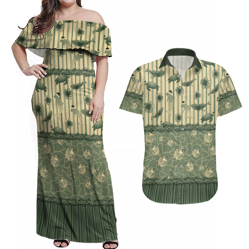 Hawaii Christmas In July Couples Matching Off Shoulder Maxi Dress and Hawaiian Shirt Olive Green Mele Kalikimaka Sea Animals
