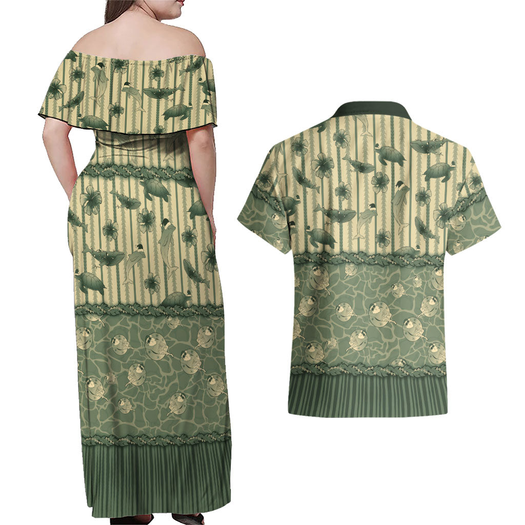 Hawaii Christmas In July Couples Matching Off Shoulder Maxi Dress and Hawaiian Shirt Olive Green Mele Kalikimaka Sea Animals