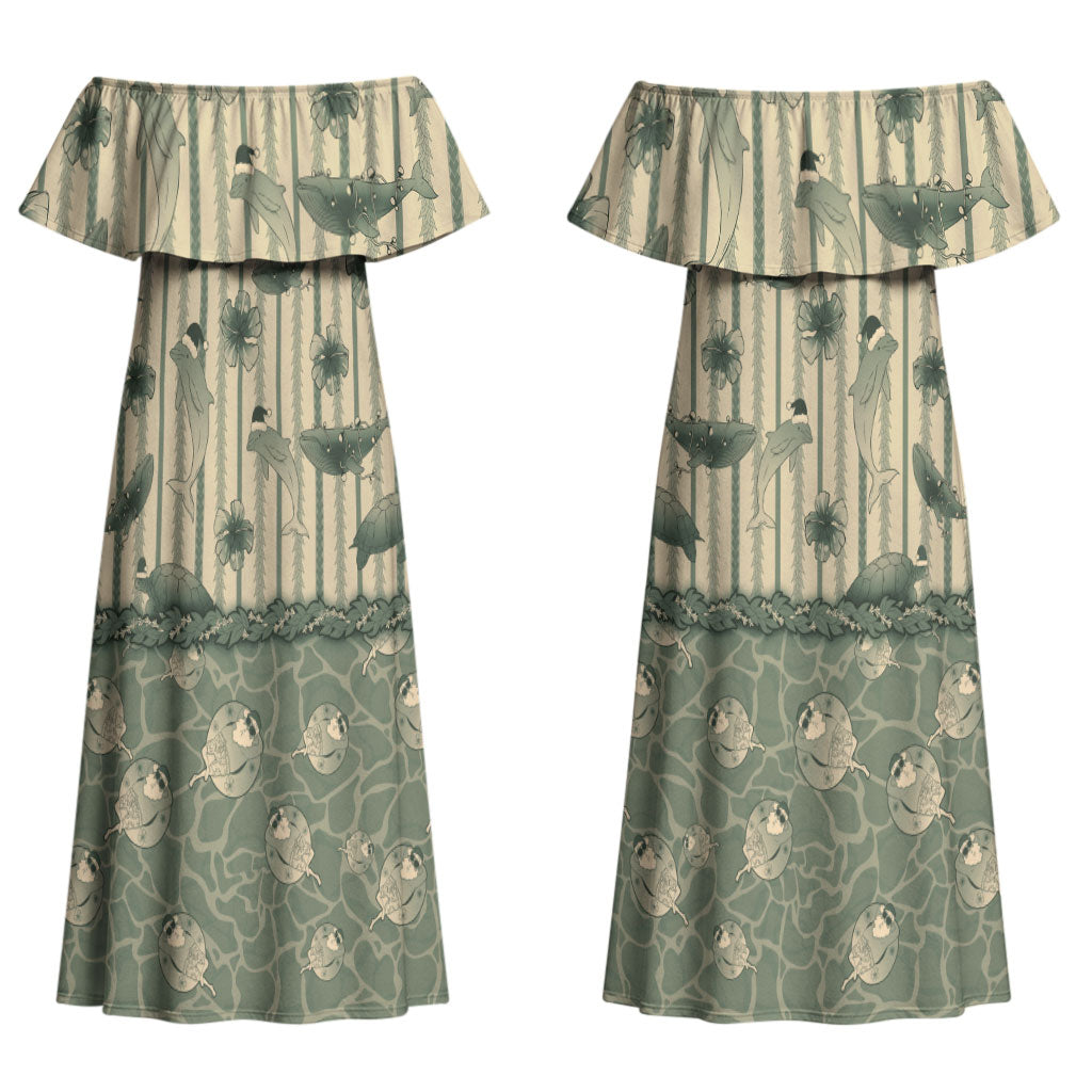 Hawaii Christmas In July Couples Matching Off Shoulder Maxi Dress and Hawaiian Shirt Olive Green Mele Kalikimaka Sea Animals DT05 - Polynesian Pride
