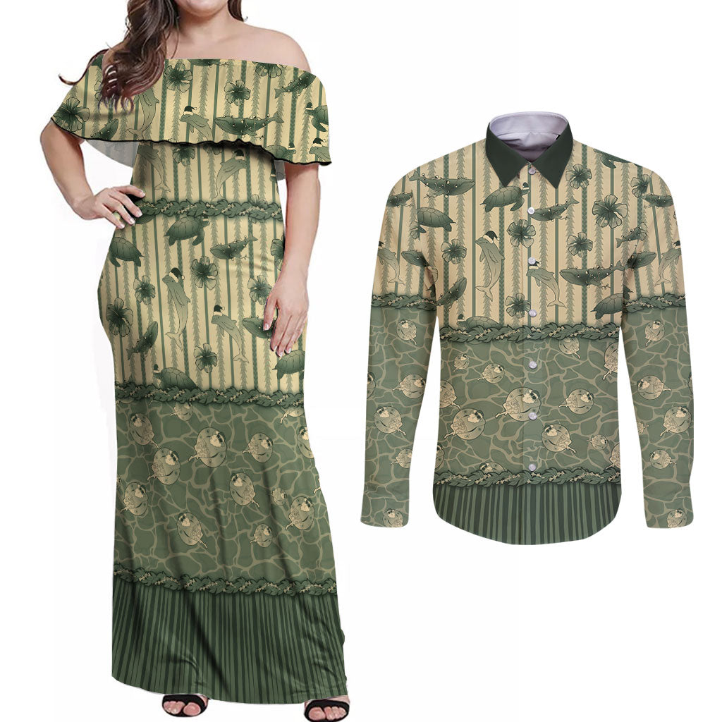 Hawaii Christmas In July Couples Matching Off Shoulder Maxi Dress and Long Sleeve Button Shirt Olive Green Mele Kalikimaka Sea Animals