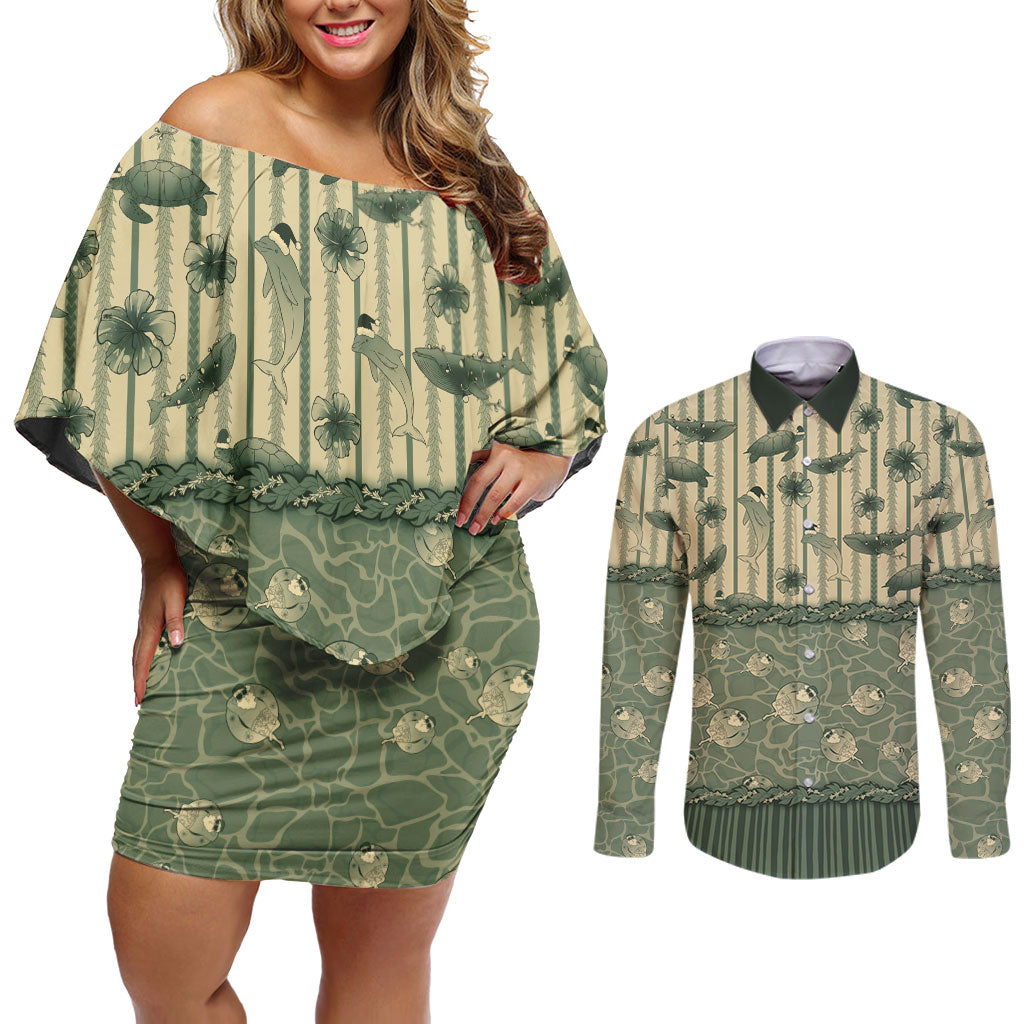 Hawaii Christmas In July Couples Matching Off Shoulder Short Dress and Long Sleeve Button Shirt Olive Green Mele Kalikimaka Sea Animals