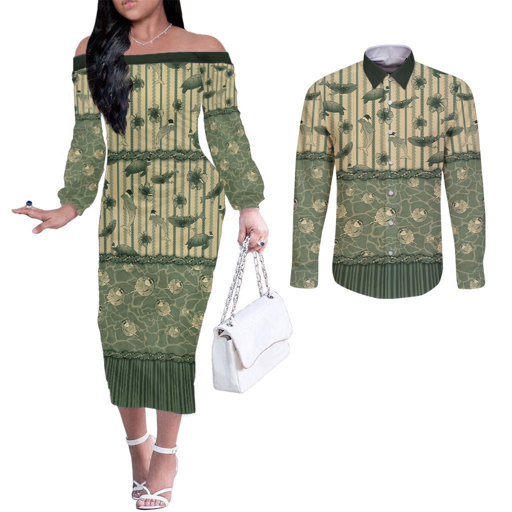 Hawaii Christmas In July Couples Matching Off The Shoulder Long Sleeve Dress and Long Sleeve Button Shirt Olive Green Mele Kalikimaka Sea Animals