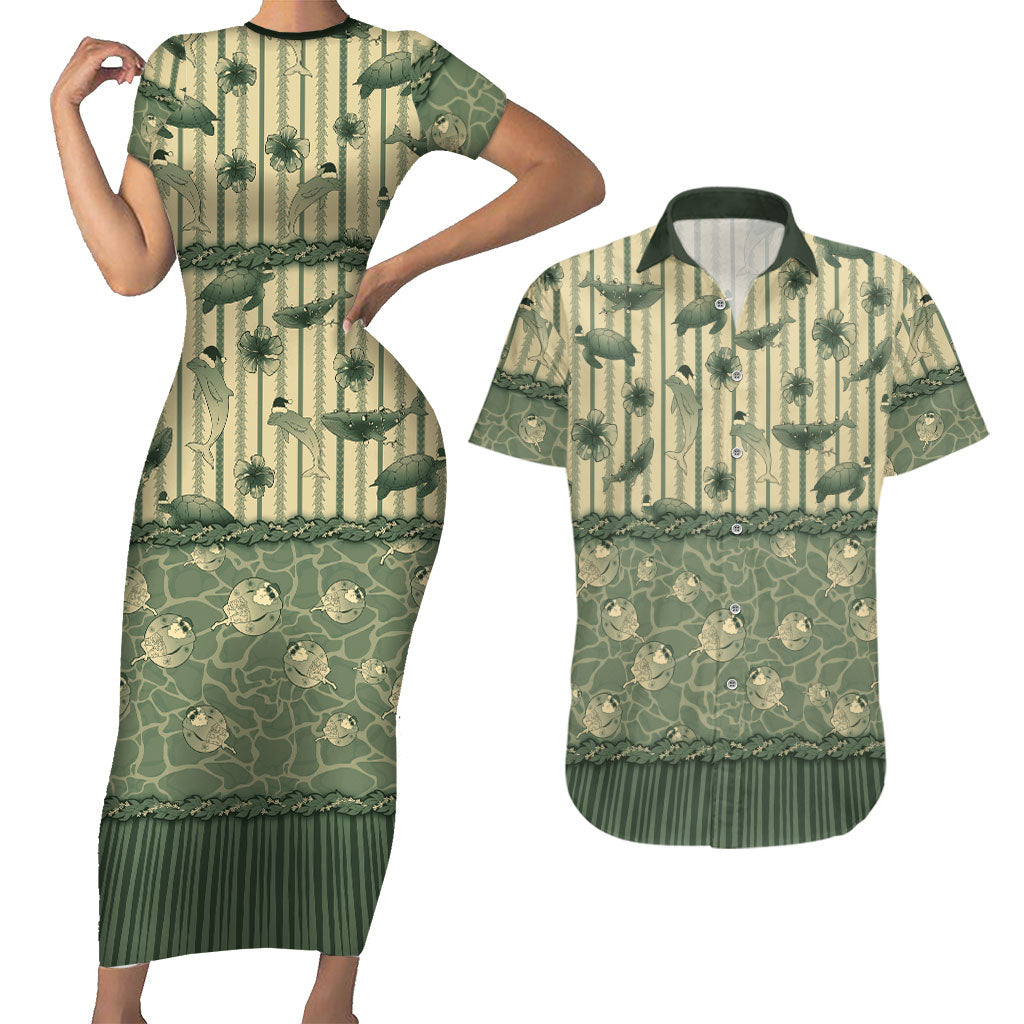 Hawaii Christmas In July Couples Matching Short Sleeve Bodycon Dress and Hawaiian Shirt Olive Green Mele Kalikimaka Sea Animals