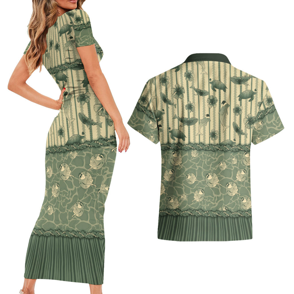 Hawaii Christmas In July Couples Matching Short Sleeve Bodycon Dress and Hawaiian Shirt Olive Green Mele Kalikimaka Sea Animals
