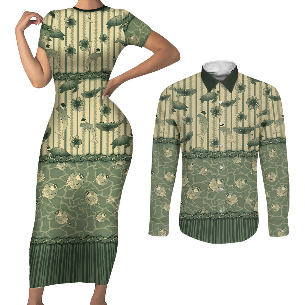 Hawaii Christmas In July Couples Matching Short Sleeve Bodycon Dress and Long Sleeve Button Shirt Olive Green Mele Kalikimaka Sea Animals