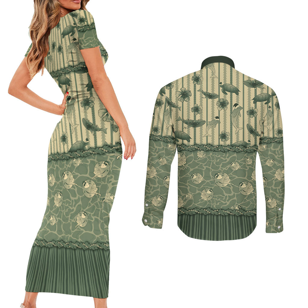 Hawaii Christmas In July Couples Matching Short Sleeve Bodycon Dress and Long Sleeve Button Shirt Olive Green Mele Kalikimaka Sea Animals