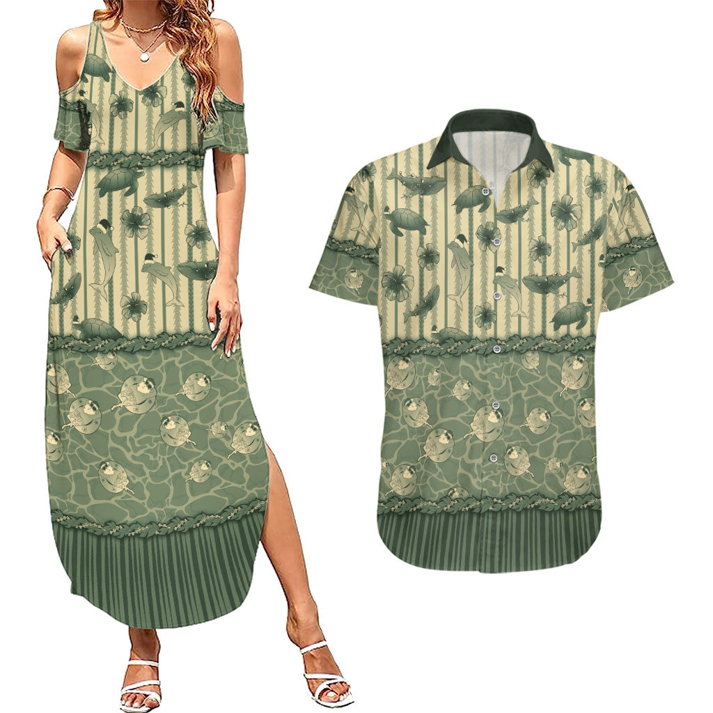 Hawaii Christmas In July Couples Matching Summer Maxi Dress and Hawaiian Shirt Olive Green Mele Kalikimaka Sea Animals