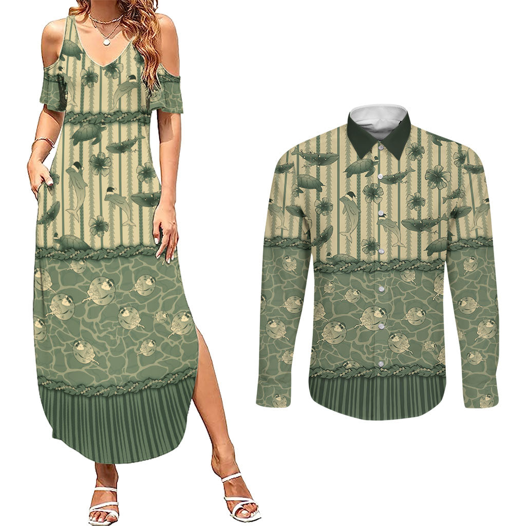 Hawaii Christmas In July Couples Matching Summer Maxi Dress and Long Sleeve Button Shirt Olive Green Mele Kalikimaka Sea Animals