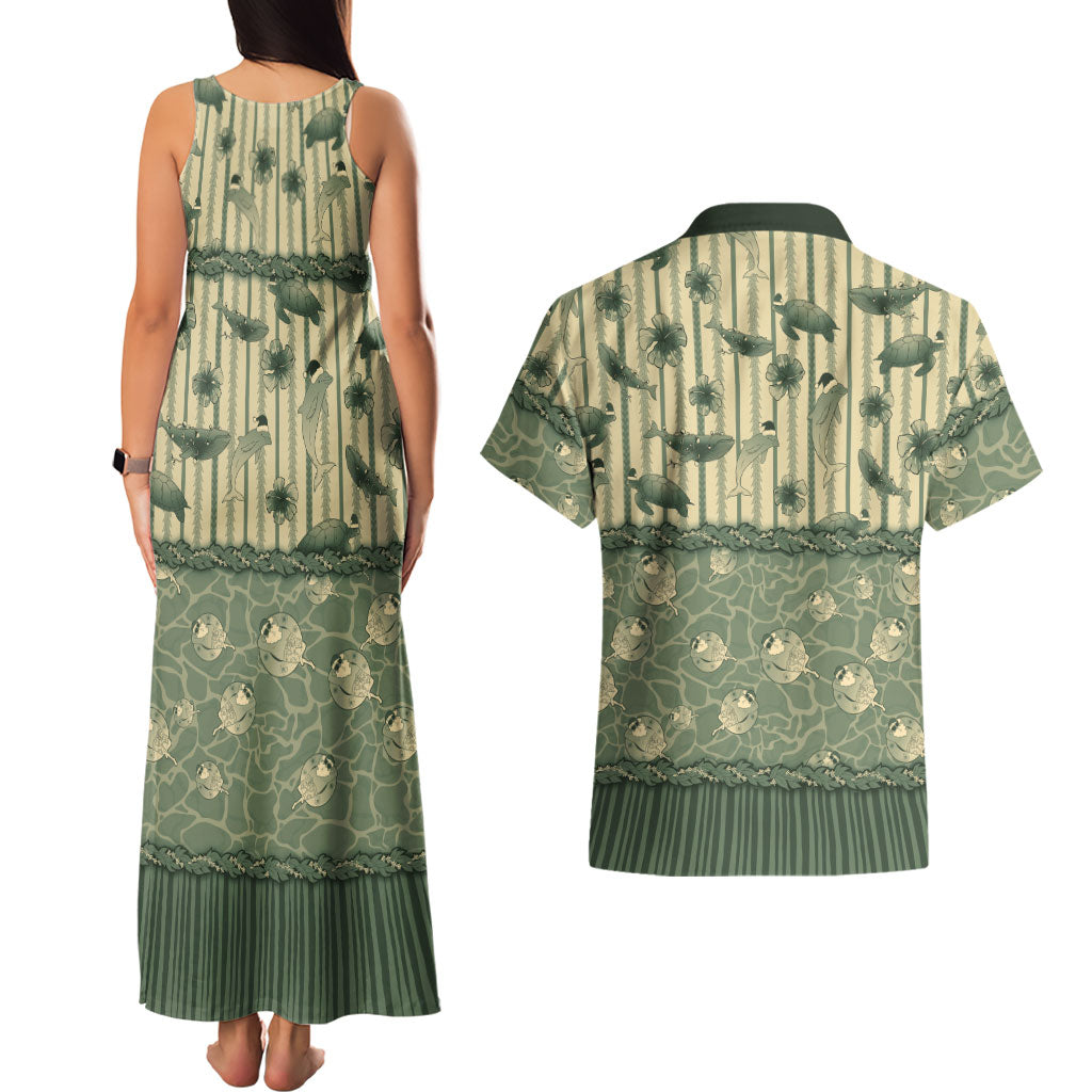 Hawaii Christmas In July Couples Matching Tank Maxi Dress and Hawaiian Shirt Olive Green Mele Kalikimaka Sea Animals
