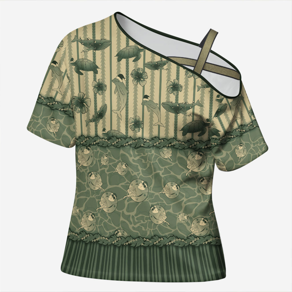 Hawaii Christmas In July Cross Shoulder Shirt Olive Green Mele Kalikimaka Sea Animals