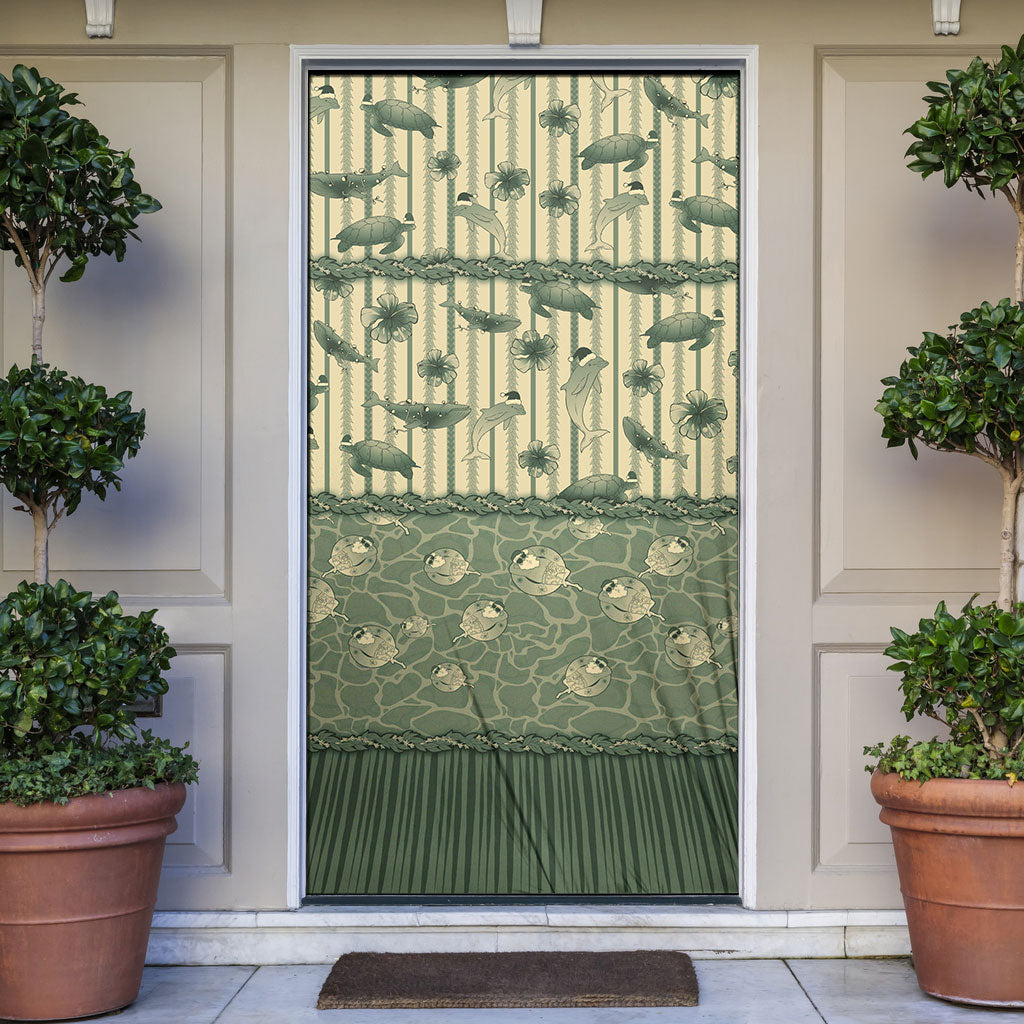 Hawaii Christmas In July Door Cover Olive Green Mele Kalikimaka Sea Animals