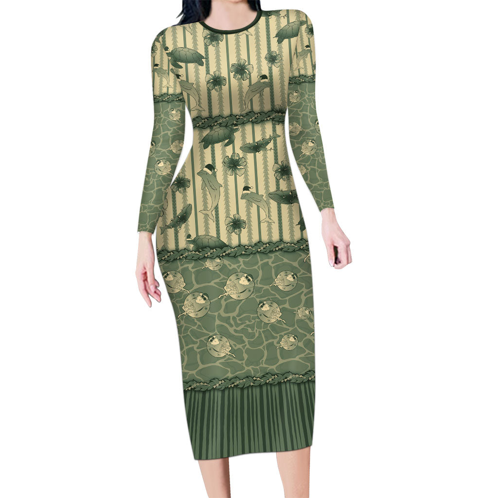 Hawaii Christmas In July Family Matching Long Sleeve Bodycon Dress and Hawaiian Shirt Olive Green Mele Kalikimaka Sea Animals