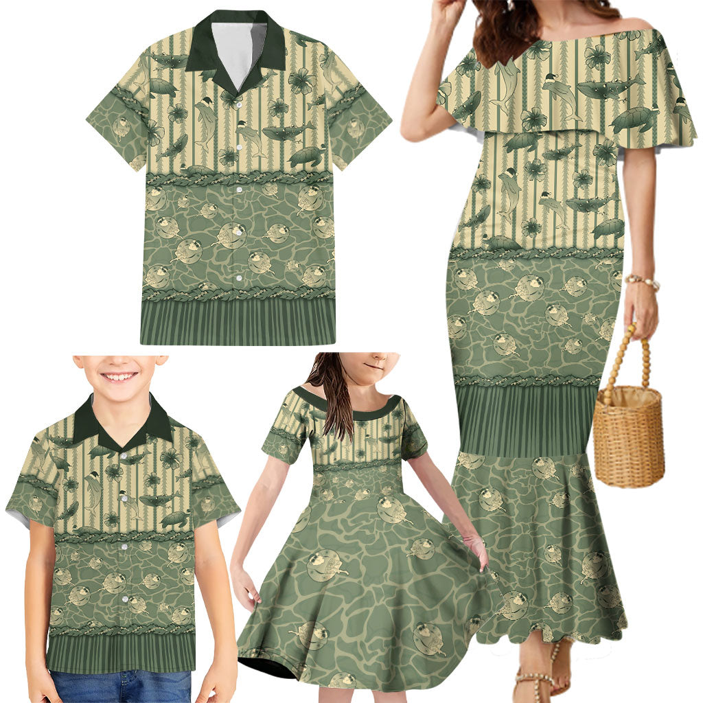 Hawaii Christmas In July Family Matching Mermaid Dress and Hawaiian Shirt Olive Green Mele Kalikimaka Sea Animals