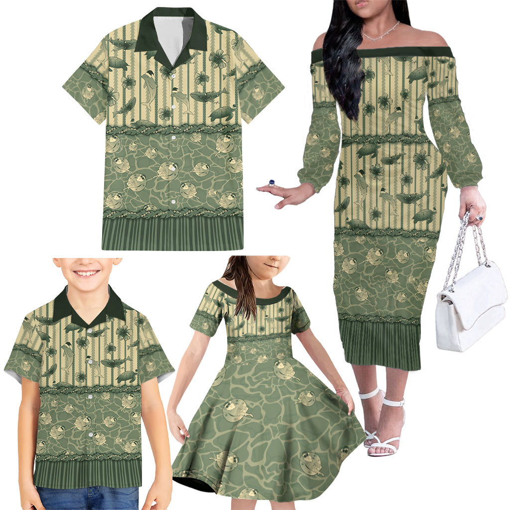 Hawaii Christmas In July Family Matching Off The Shoulder Long Sleeve Dress and Hawaiian Shirt Olive Green Mele Kalikimaka Sea Animals