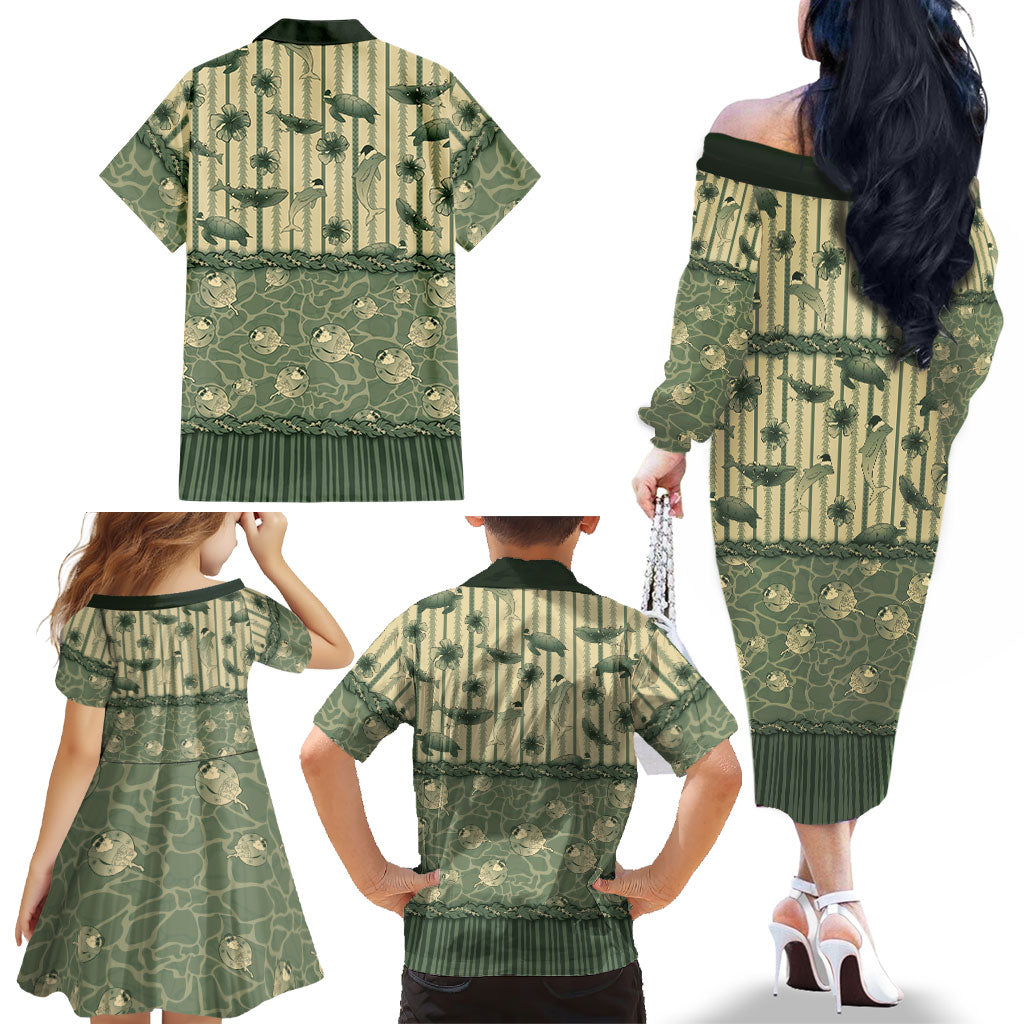 Hawaii Christmas In July Family Matching Off The Shoulder Long Sleeve Dress and Hawaiian Shirt Olive Green Mele Kalikimaka Sea Animals