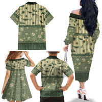 Hawaii Christmas In July Family Matching Off The Shoulder Long Sleeve Dress and Hawaiian Shirt Olive Green Mele Kalikimaka Sea Animals