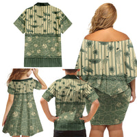 Hawaii Christmas In July Family Matching Off Shoulder Short Dress and Hawaiian Shirt Olive Green Mele Kalikimaka Sea Animals