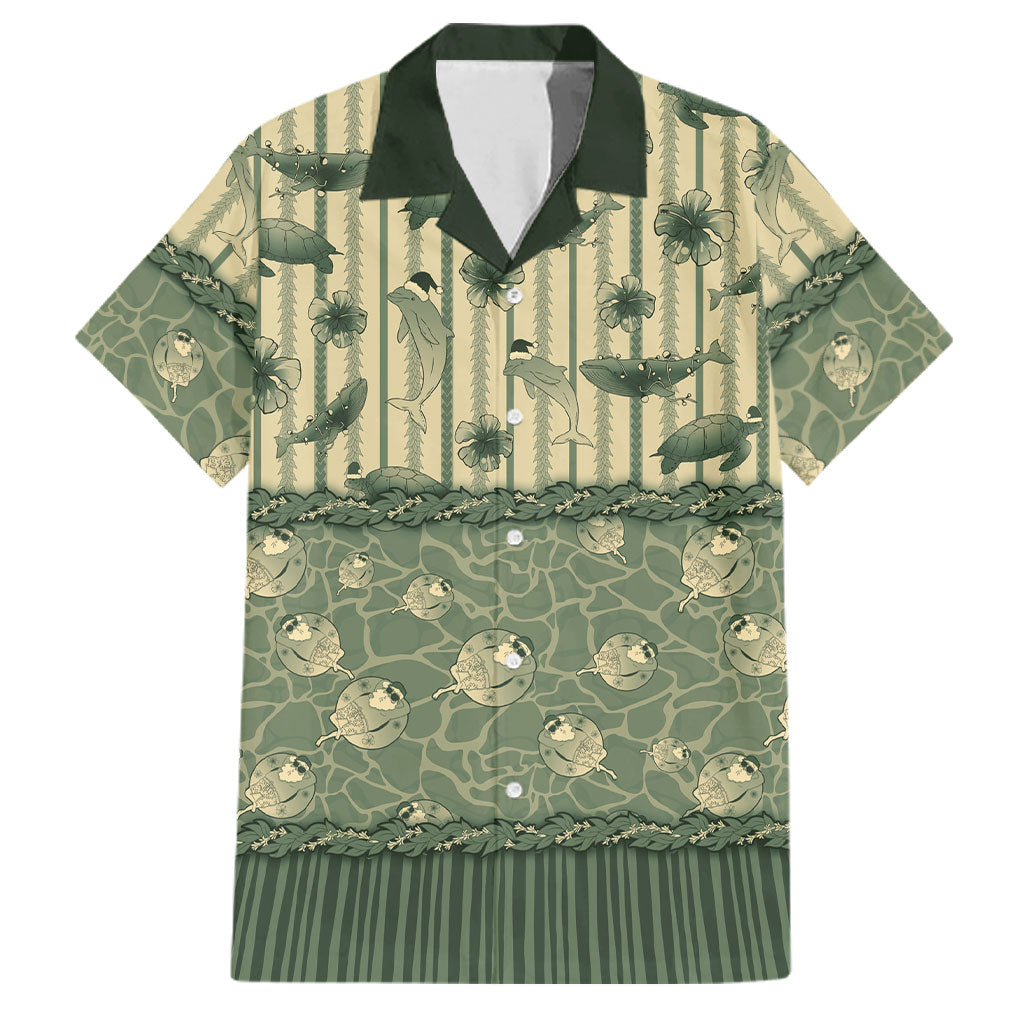 Hawaii Christmas In July Family Matching Off Shoulder Short Dress and Hawaiian Shirt Olive Green Mele Kalikimaka Sea Animals