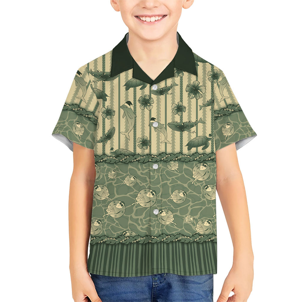 Hawaii Christmas In July Family Matching Off Shoulder Short Dress and Hawaiian Shirt Olive Green Mele Kalikimaka Sea Animals