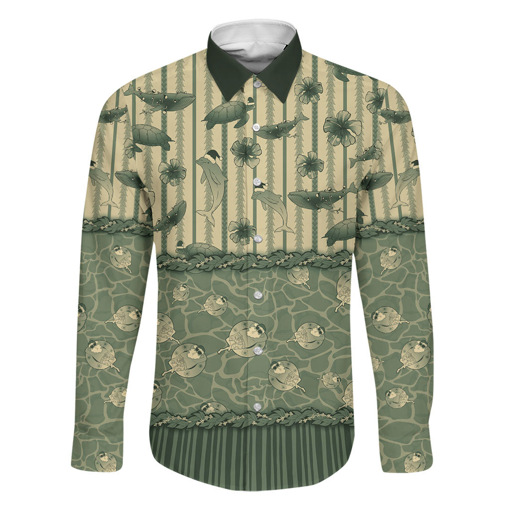 Hawaii Christmas In July Family Matching Puletasi and Hawaiian Shirt Olive Green Mele Kalikimaka Sea Animals