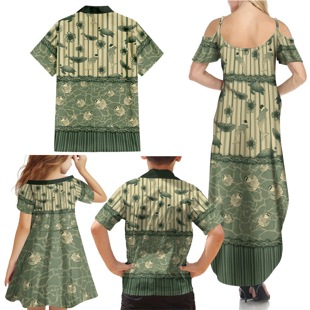 Hawaii Christmas In July Family Matching Summer Maxi Dress and Hawaiian Shirt Olive Green Mele Kalikimaka Sea Animals