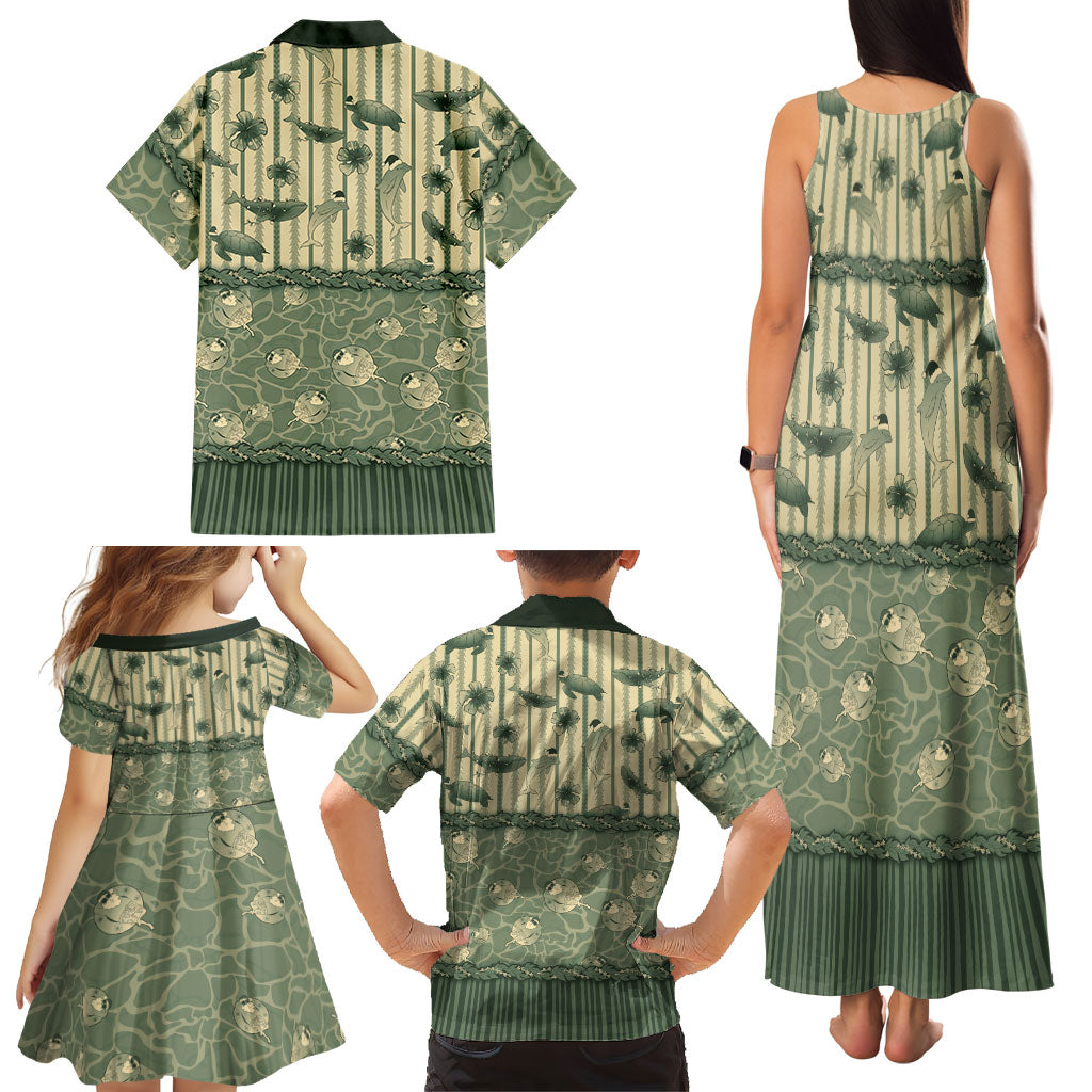 Hawaii Christmas In July Family Matching Tank Maxi Dress and Hawaiian Shirt Olive Green Mele Kalikimaka Sea Animals