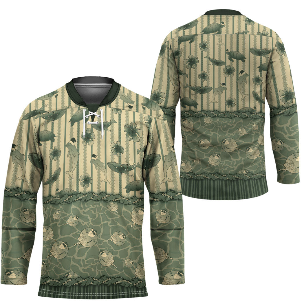 Hawaii Christmas In July Hockey Jersey Olive Green Mele Kalikimaka Sea Animals