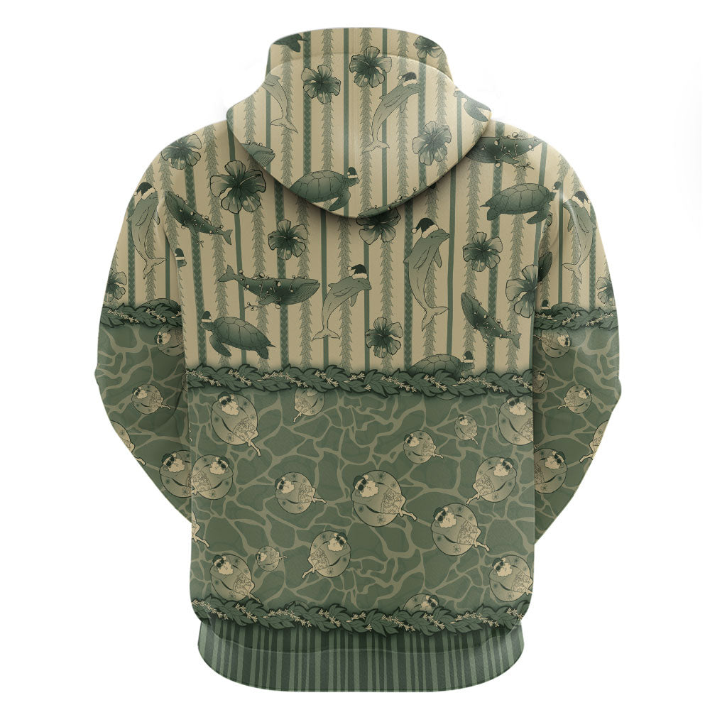 Hawaii Christmas In July Hoodie Olive Green Mele Kalikimaka Sea Animals