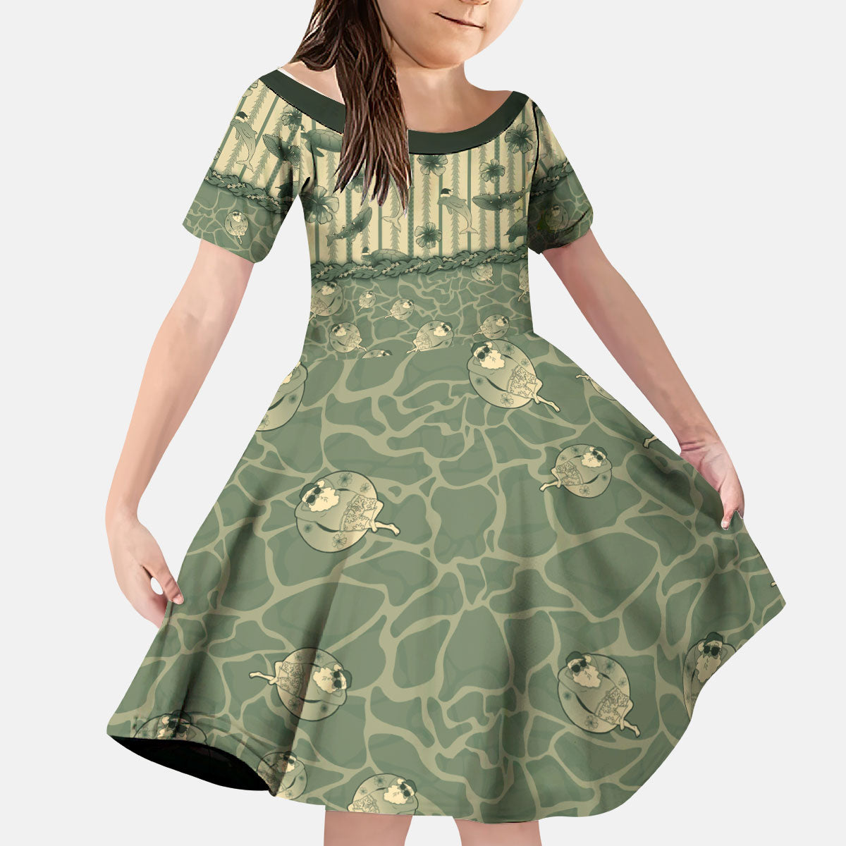 Hawaii Christmas In July Kid Short Sleeve Dress Olive Green Mele Kalikimaka Sea Animals