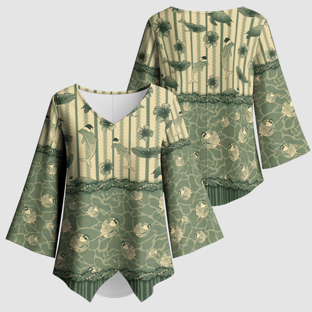 Hawaii Christmas In July Kimono Sleeve Blouse Olive Green Mele Kalikimaka Sea Animals