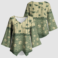 Hawaii Christmas In July Kimono Sleeve Blouse Olive Green Mele Kalikimaka Sea Animals