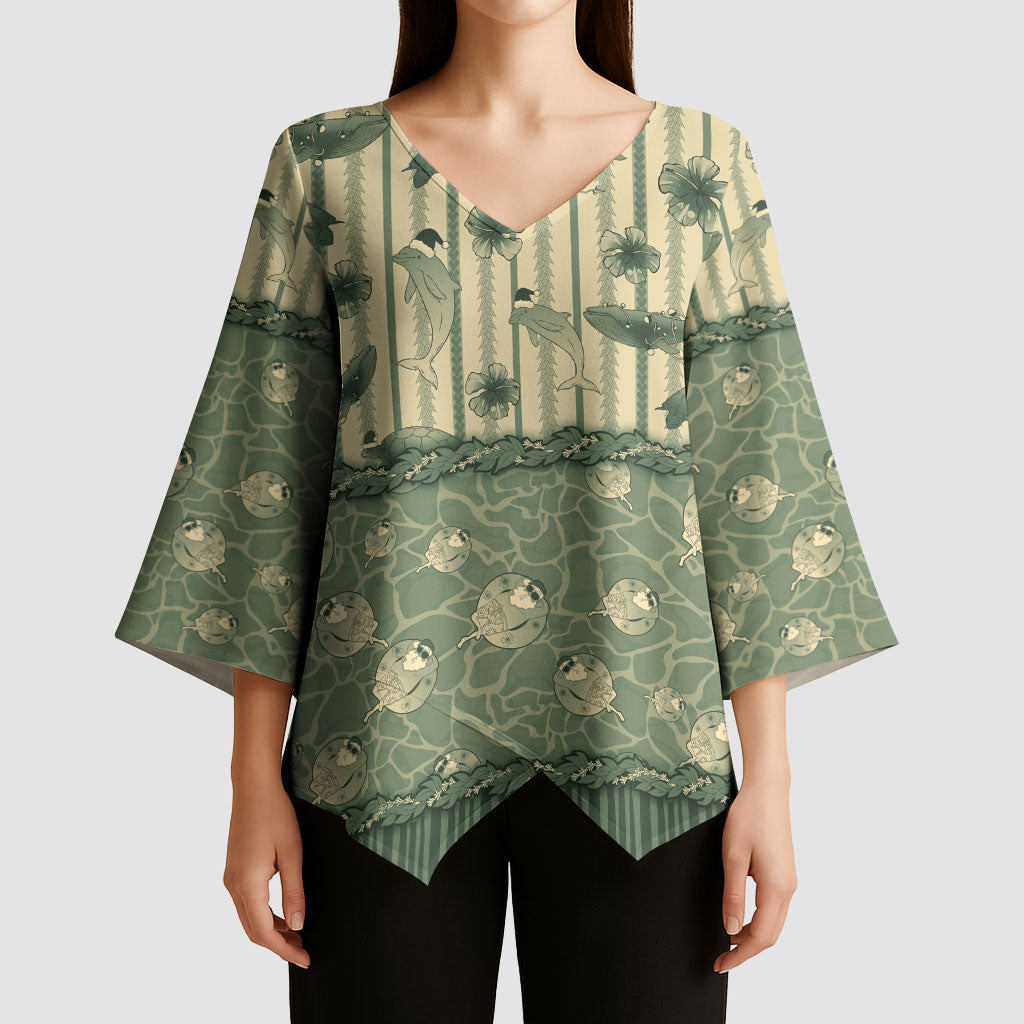 Hawaii Christmas In July Kimono Sleeve Blouse Olive Green Mele Kalikimaka Sea Animals