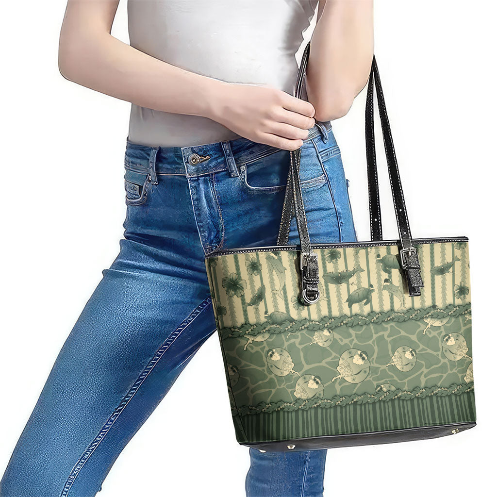 Hawaii Christmas In July Leather Tote Bag Olive Green Mele Kalikimaka Sea Animals