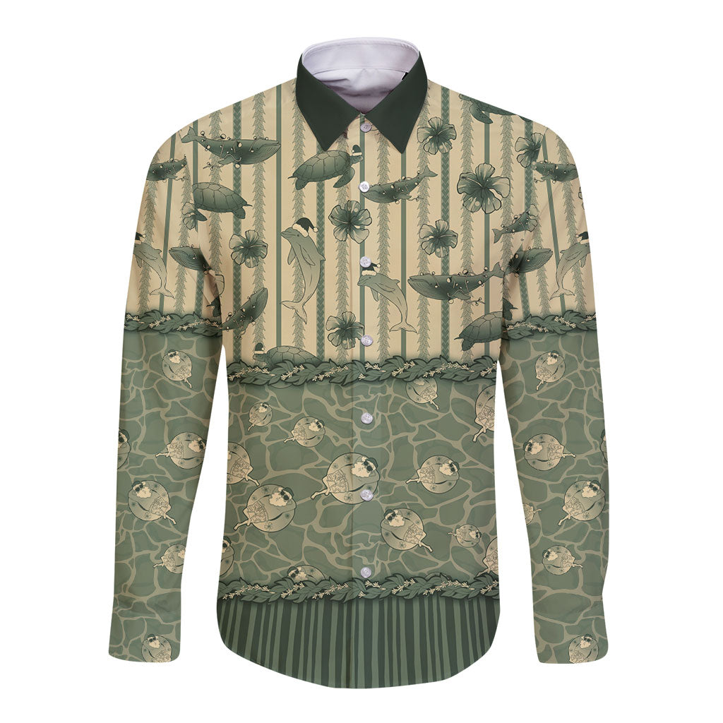 Hawaii Christmas In July Long Sleeve Button Shirt Olive Green Mele Kalikimaka Sea Animals