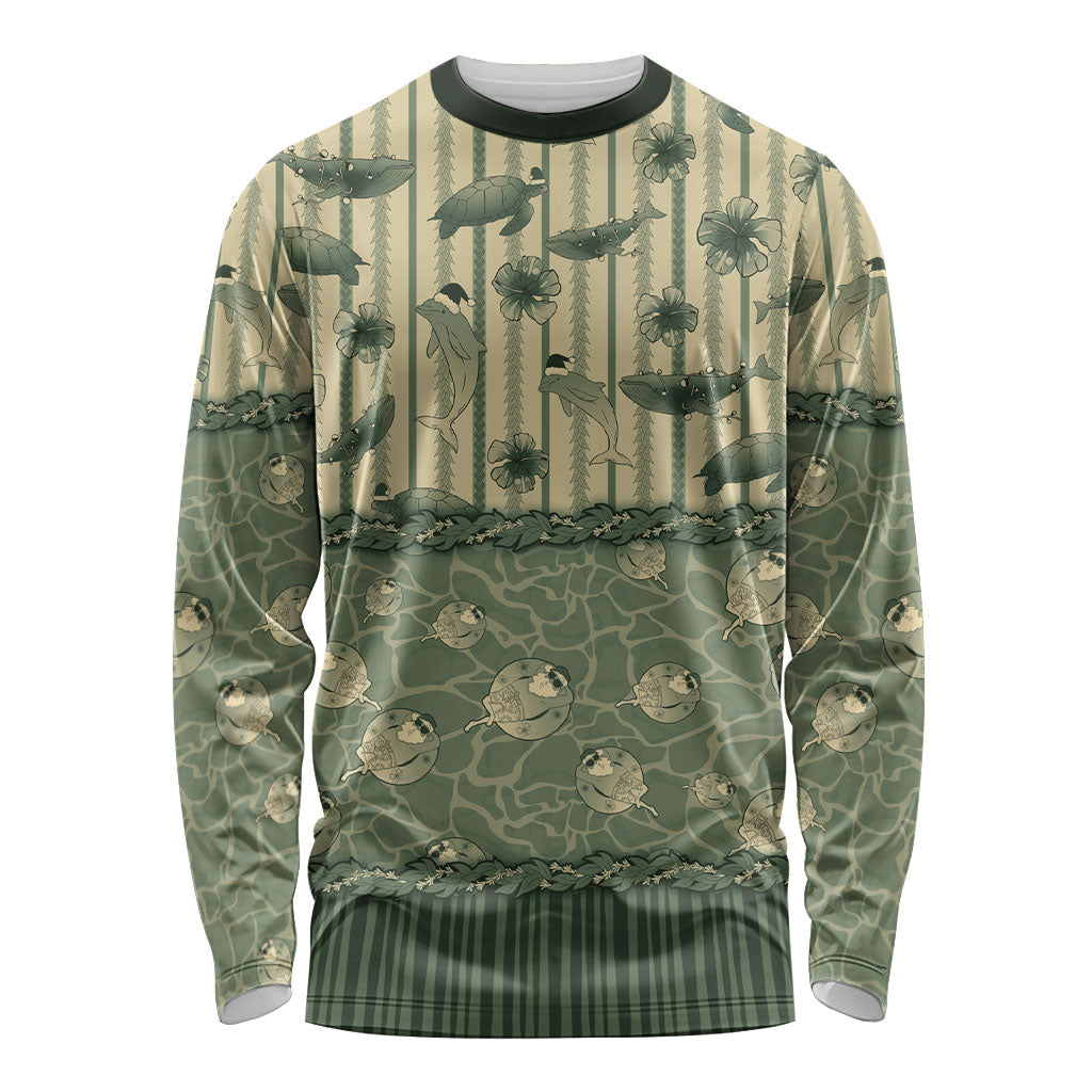 Hawaii Christmas In July Long Sleeve Shirt Olive Green Mele Kalikimaka Sea Animals