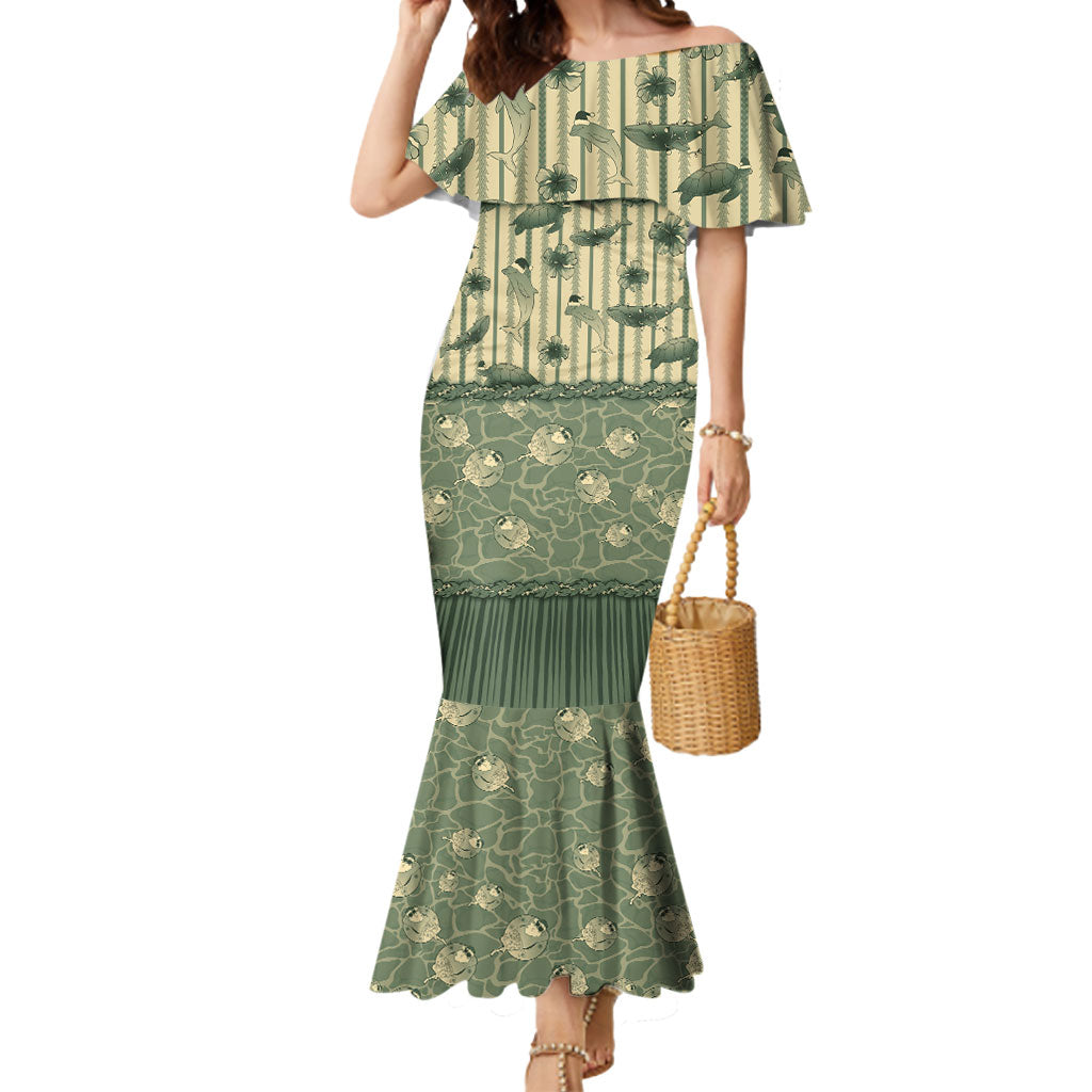 Hawaii Christmas In July Mermaid Dress Olive Green Mele Kalikimaka Sea Animals