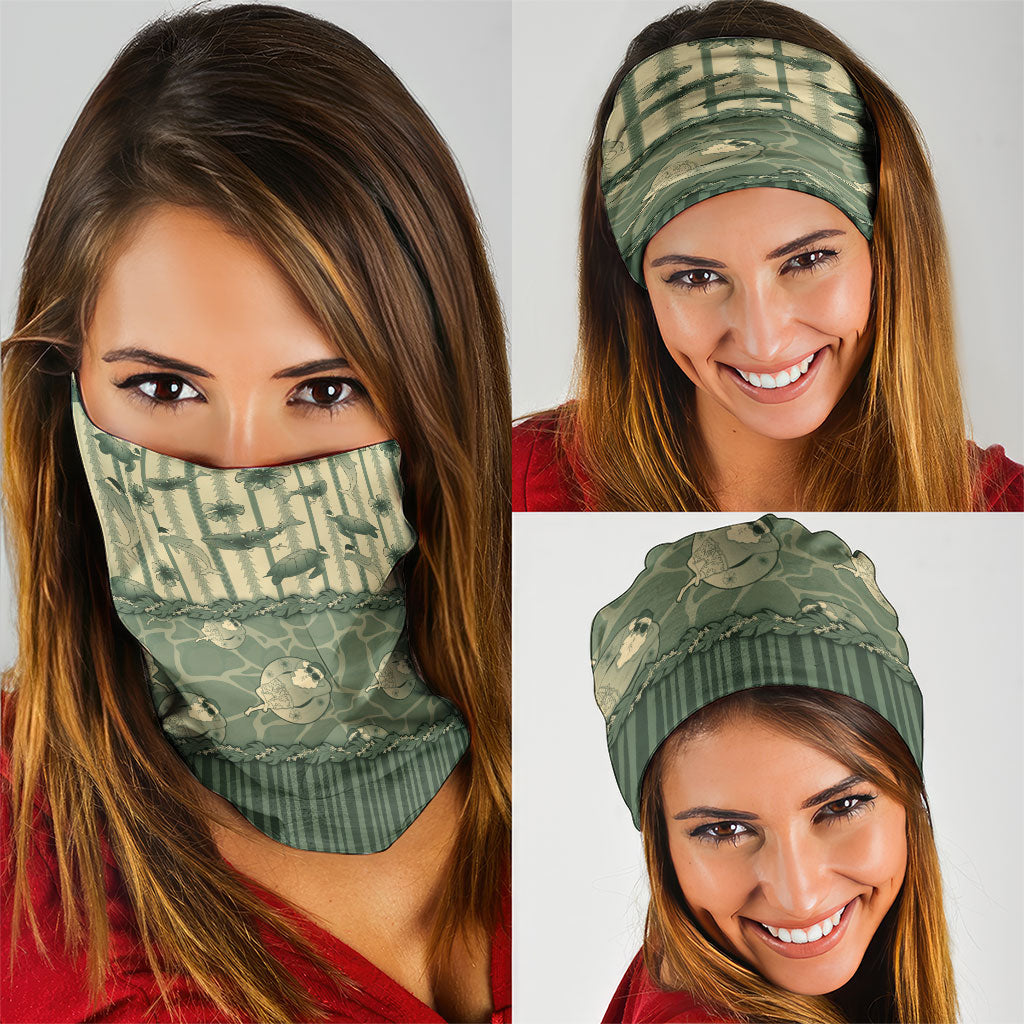 Hawaii Christmas In July Neck Gaiter Olive Green Mele Kalikimaka Sea Animals