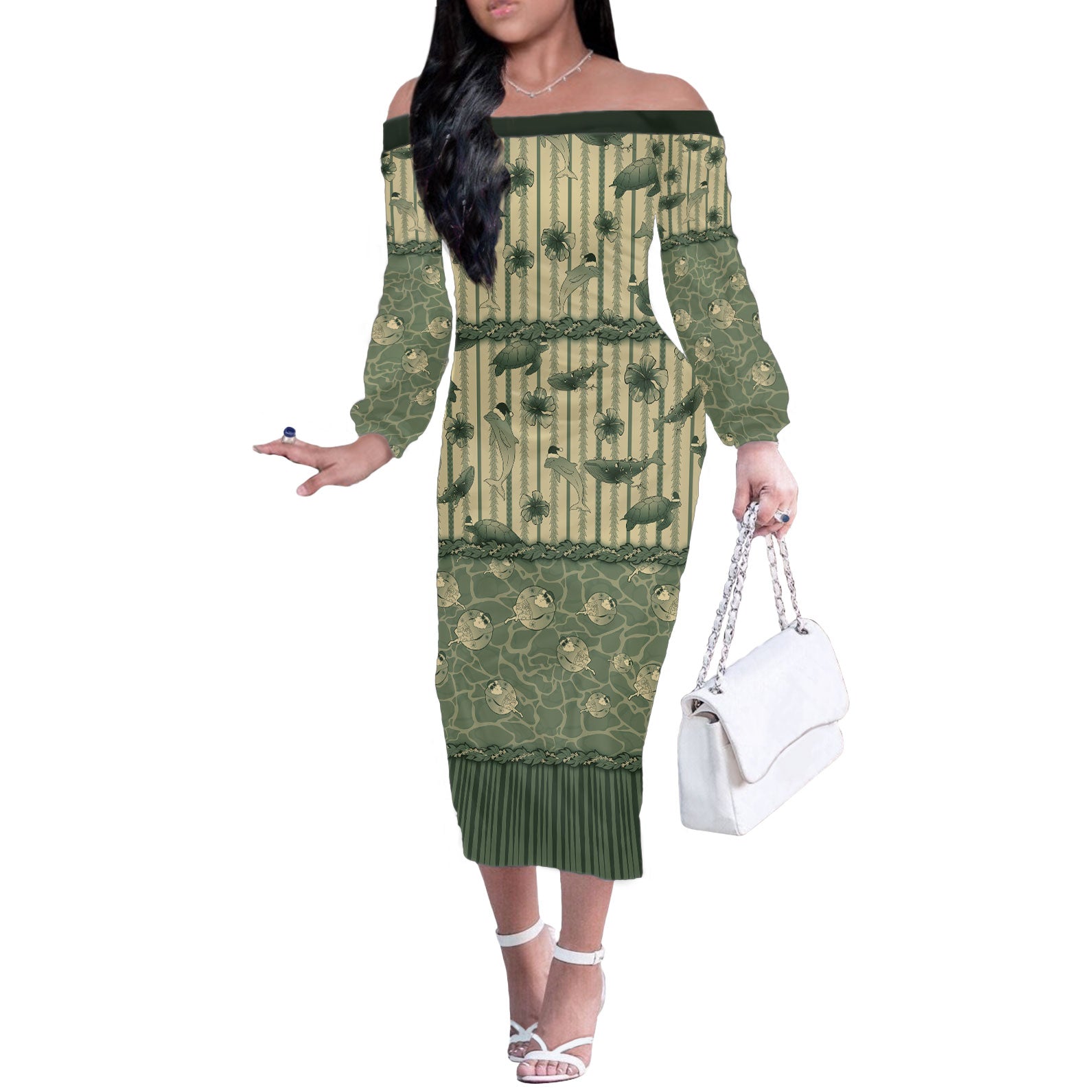 Hawaii Christmas In July Off The Shoulder Long Sleeve Dress Olive Green Mele Kalikimaka Sea Animals
